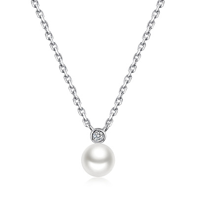 Sterling Silver Imitation Pearl Round Pendant Necklaces, with Clear Cubic Zirconia
