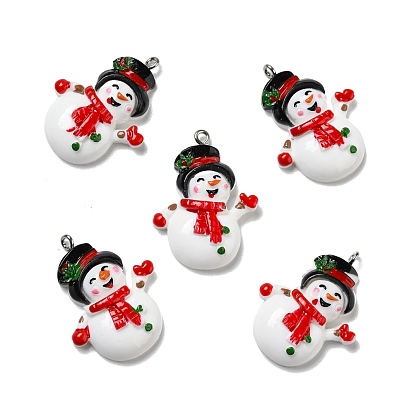 Opaque Resin Pendants, with Platinum Tone Iron Loops, Christmas Theme, Snowman