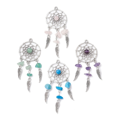 4Pcs 4 Styles Natural Mixed Gemstone Chip Big Pendants, Woven Web/Net with Wing Alloy Charms, Antique Silver, Mixed Dyed and Undyed