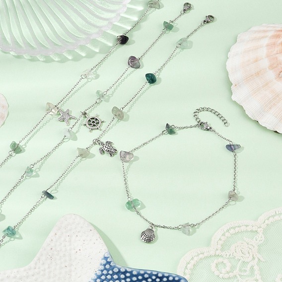 Браслеты на ногу с цепочкой из натурального флюорита, браслеты на ногу из сплава океана в тибетском стиле, античное серебро