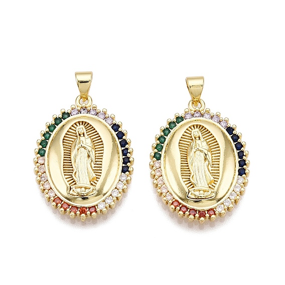 Brass Micro Pave Cubic Zirconia Pendants, with Brass Snap on Bails, Nickel Free, Oval with Goddess/Virgin, Real 16K Gold Plated