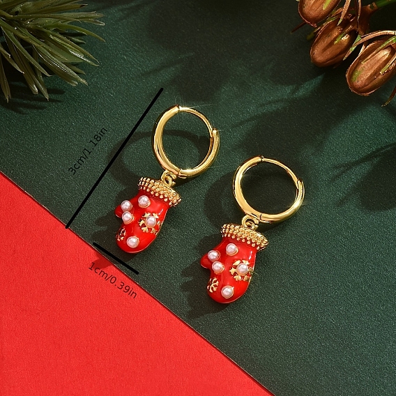 Серьги-кольца из латуни с эмалью «снежинка с рождественскими перчатками», с кубического циркония, золотые