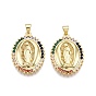 Brass Micro Pave Cubic Zirconia Pendants, with Brass Snap on Bails, Nickel Free, Oval with Goddess/Virgin, Real 16K Gold Plated