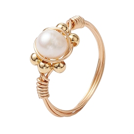 Round Natural Cultured Freshwater Pearl Finger Ring, Copper Wire Wrapped Ring for Women