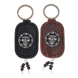Oval with Skull Gothic Style Pendant Keychain, Cowhide & Wood & Alloy Keychain