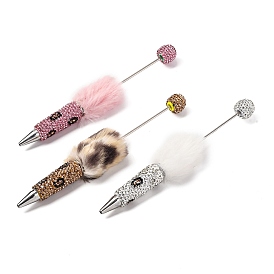 Iron Beadable Pen, Ball-Point Pen, with Polymer Clay Rhinestone & Plush Pompom, for DIY Personalized Pen with Jewelry Beads