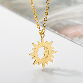 Minimalist Hollow Geometric Stainless Steel Pendant Necklace with Evil Sun, Moon and Star Hand Design