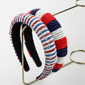 Red White Blue Beaded Headband with Wide Sponge Band and Woven Pearls.