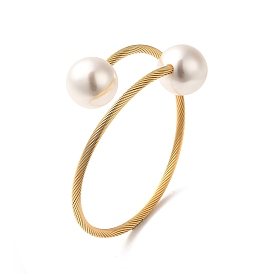 Plastic Imitation Pearl Round Beaded Cuff Bangle, Ion Plating(IP) 304 Stainless Steel Torque Bangles