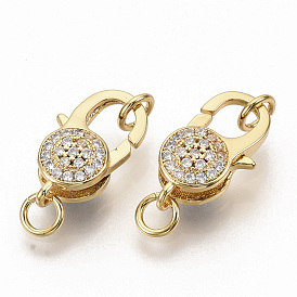 Brass Micro Pave Clear Cubic Zirconia Lobster Claw Clasps, with Jump Rings, Flat Round, Real 16K Gold Plated