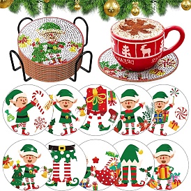 DIY 10Pcs 5D Diamond Painting Elves Christmas Cup Mat Kits, including Wood Cup Mat, Resin Rhinestones, Diamond Sticky Pen, Tray Plate and Glue Clay