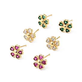 Rack Plating Brass Cubic Zirconia Stud Earrings for Women, Cadmium Free & Lead Free, Heart Flower, Real 18K Gold Plated