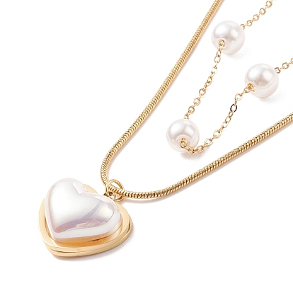Double Chains Multi Layered Necklace with Acrylic Pearl Heart Pendant, Ion Plating(IP) 304 Stainless Steel Jewelry for Women