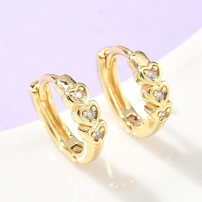 Серьги-кольца из латуни с микропаве и прозрачным кубическим цирконием в форме сердца, стойки покрытие, долговечный, без кадмия и без свинца
