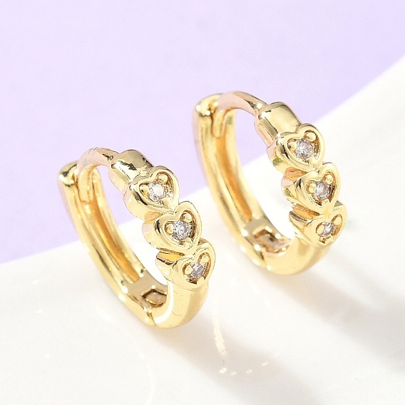 Серьги-кольца из латуни с микропаве и прозрачным кубическим цирконием в форме сердца, стойки покрытие, долговечный, без кадмия и без свинца