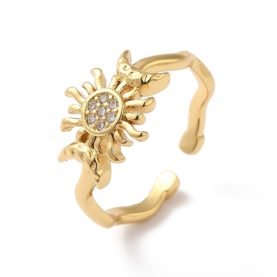 Anillos de puño de latón con micro pavé de circonitas cúbicas sol y luna, anillo abierto chapado de larga duración para mujer, sin plomo y cadmio