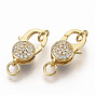 Brass Micro Pave Clear Cubic Zirconia Lobster Claw Clasps, with Jump Rings, Flat Round, Real 16K Gold Plated