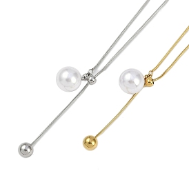 304 Stainless Steel Snake Chain Necklaces, Round Plastic Imitation Pearl Tassel Pendant Necklaces