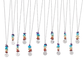 12Pcs 12 Constellations & Natural Mixed Gemstone Chips Pendant Necklaces Set, Stainless Steel Jewelry for Women