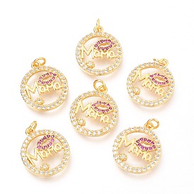 Кулоны из латуни с микропейвом и прозрачной и вишневой фианитами, с прыжковых колец, день матери, плоский круглый со словом мама и губа