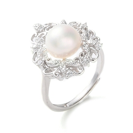 Регулируемые кольца из стерлингового серебра с родиевым покрытием для женщин 925, с микропаве из кубических цирконий и круглой натуральной жемчужиной