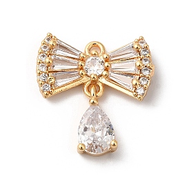 Brass Micro Pave Clear Cubic Zirconia Pendants, with Glass, Bowknot