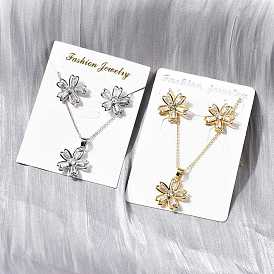 Flower Brass Micro Pave Cubic Zirconia Stud Earrings & Pendant Necklaces Sets, Cadmium Free & Lead Free, Long-Lasting Plated, Rack Plating