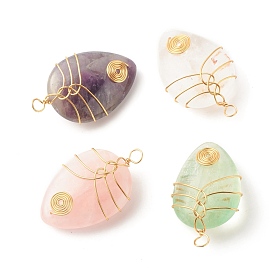Pendentifs en pierre naturelle, avec du fil de cuivre enroulé, charmes de larme, or