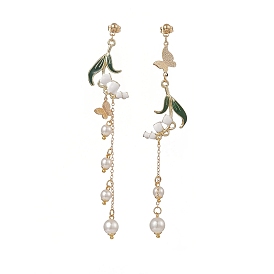 Alloy Enamel Flower with Butterfly Asymmetrical Earrings, Dangle Earrings, 304 Stainless Steel Dangle Stud Earrings for Women