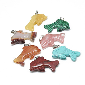 Gemstone Pendants, with Stainless Steel Snap On Bails, Dolphin