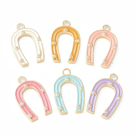 Brass Micro Pave Clear Cubic Zirconia Pendants, Long-Lasting Plated, with Enamel and Jump Rings, Horse Shoe