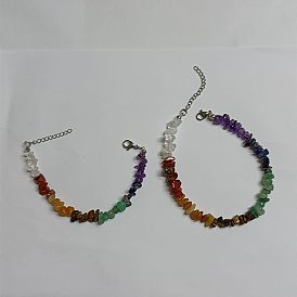 2Pcs 2 Style Natural Mixed Gemstone Chips Beaded Bracelet & Anklet, Platinum Brass Jewelry Set for Women