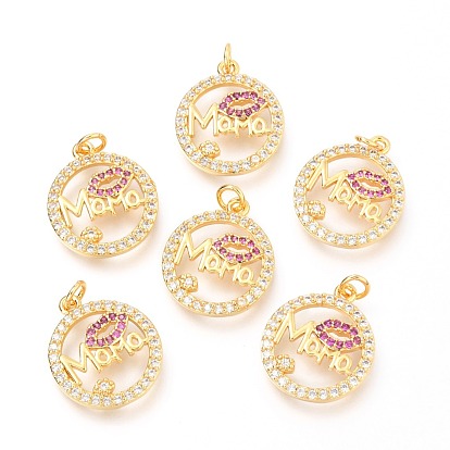 Кулоны из латуни с микропейвом и прозрачной и вишневой фианитами, с прыжковых колец, день матери, плоский круглый со словом мама и губа