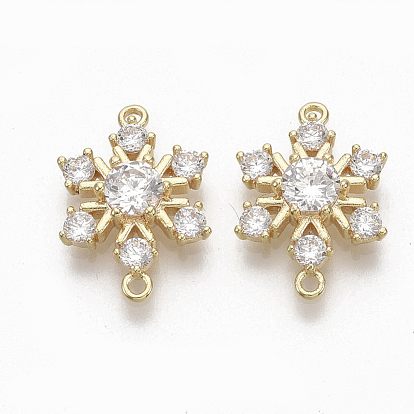 Brass Micro Pave Clear Cubic Zirconia Links, Nickel Free, Christmas Snowflake, Real 18K Gold Plated