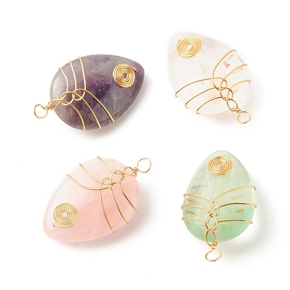 Pendentifs en pierre naturelle, avec du fil de cuivre enroulé, charmes de larme, or