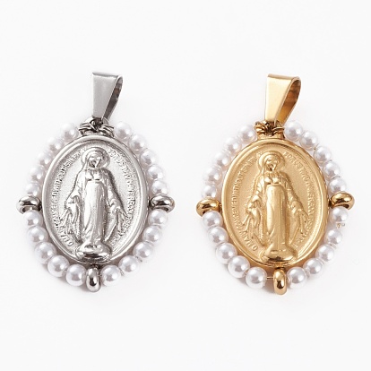 316 Surgical Stainless Steel Pendants, with Acrylic Imitation Pearl Beads, Oval with Virgin Mary