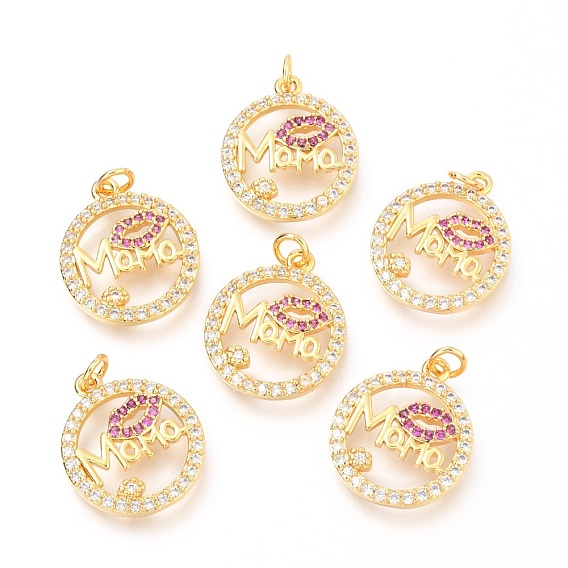 Кулоны из латуни с микропейвом и прозрачной и вишневой фианитами, с прыжковых колец, день матери, плоский круглый со словом мама и губа