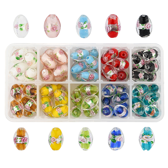 Handmade Foil Glass Lampwork Beads, Oval with Flower