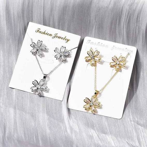 Комплекты серег-гвоздиков и ожерелий с подвесками из цветочной латуни с микропаве из кубического циркония, без кадмия и без свинца, долговечный, стойки покрытие