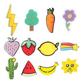 12Pcs 12 Style Acrylic Badges Brooch Pins, Cute Lapel Pin, Strawberry & Carrot & Watermelon & Banana & Lemon & Lightning & Tree & Sun & Flower & Cactus & Meteor