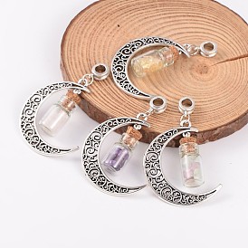 Moon Antique Silver Alloy European Dangle Charms, with Gemstone Glass Wishing Bottles, 57x28x10mm, Hole: 4.5mm