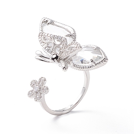 Butterfly with Flower Clear Cubic Zirconia Cuff Ring, Exquisite Brass Cubic Zirconia Open Ring for Women