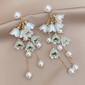 925 Silver Needle Sweet Pearl Lily of the Valley Flower Tassel Earrings Feminine Elegant Long Earrings