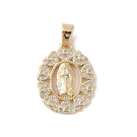 Brass Clear Cubic Zirconia Pendants, Long-Lasting Plated, Oval with Holy Virgin Charms