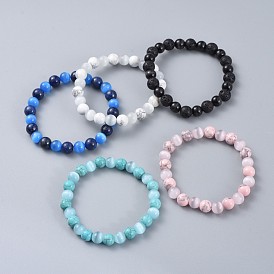 Bracelets élastiques de pierres fines, avec des perles rondes oeil de chat