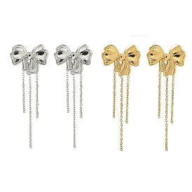 304 Stainless Steel Chain Tassel Stud Earrings, Polished, Bowknot