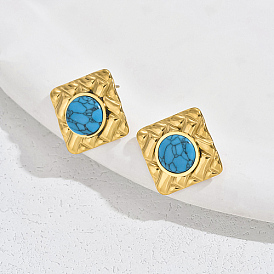 304 Stainless Steel Rhombus Stud Earrings, with Synthetic Turquoise