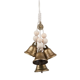 Iron Bell Pendant Decoration, Alloy Sun & Wood Beads and Jute Cord for Home Door Hanging Ornaments