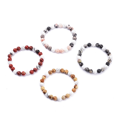 Runder natürlicher Edelstein & synthetische Howlite Perlen Stretch Armbänder