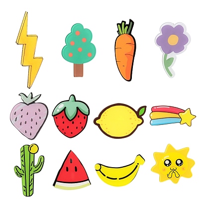 12Pcs 12 Style Acrylic Badges Brooch Pins, Cute Lapel Pin, Strawberry & Carrot & Watermelon & Banana & Lemon & Lightning & Tree & Sun & Flower & Cactus & Meteor